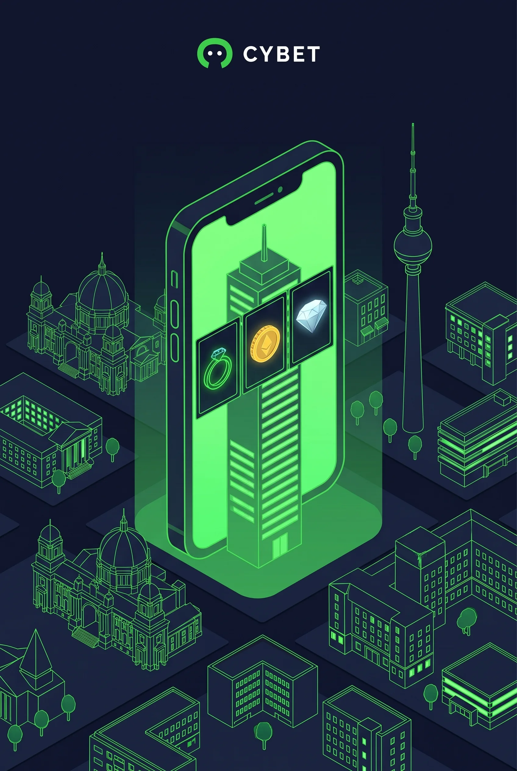 Cybet auf dem Smartphone vor einer isometrischen Berliner Stadtkulisse